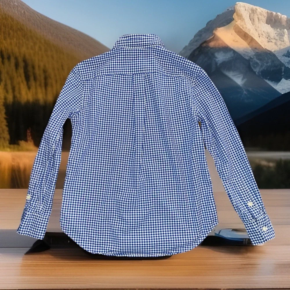 Ralph Lauren Natural‎ Stretch Shirt Boys S/P 8 Blue Gingham Check Button Down
